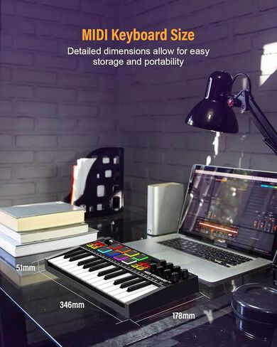 MIDI Keyboard Controller, 25 Key Rechargeable MIDI Keyboard with 8 Backlit Drum Pads, 8 Knobs, OLED Display, DAW Integration, MIDI Controller for Music Production in Saudi Arabia