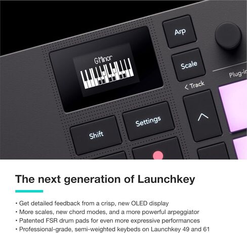 Novation Launchkey 61 [MK4] – 61 مفتاحًا شبه مرجح، USB، وحدة تحكم لوحة مفاتيح MIDI مع تكامل DAW. أوضاع التآلف والمقياس، و8 منصات طبول، وأداة تتابعية - تتضمن حزمة برامج لإنتاج الموسيقى in Kuwait