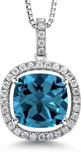 Gem Stone King 925 Sterling Silver 12MM Cushion Gemstone Birthstone and White Moissanite Necklace | Halo Pendant Necklace for Women | With 18 Inch Silver Chain in Saudi Arabia