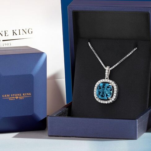 Gem Stone King 925 Sterling Silver 12MM Cushion Gemstone Birthstone and White Moissanite Necklace | Halo Pendant Necklace for Women | With 18 Inch Silver Chain in Saudi Arabia