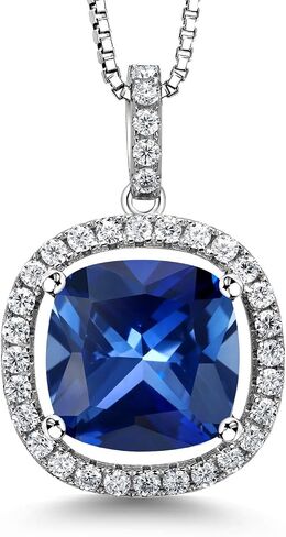 Gem Stone King 925 Sterling Silver 12MM Cushion Gemstone Birthstone and White Moissanite Necklace | Halo Pendant Necklace for Women | With 18 Inch Silver Chain in Saudi Arabia