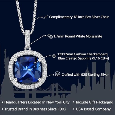 Gem Stone King 925 Sterling Silver 12MM Cushion Gemstone Birthstone and White Moissanite Necklace | Halo Pendant Necklace for Women | With 18 Inch Silver Chain in Saudi Arabia