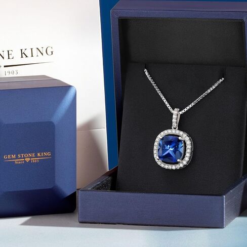 Gem Stone King 925 Sterling Silver 12MM Cushion Gemstone Birthstone and White Moissanite Necklace | Halo Pendant Necklace for Women | With 18 Inch Silver Chain in Saudi Arabia