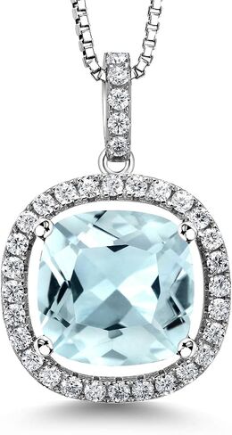 Gem Stone King 925 Sterling Silver 12MM Cushion Gemstone Birthstone and White Moissanite Necklace | Halo Pendant Necklace for Women | With 18 Inch Silver Chain in Saudi Arabia