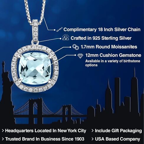Gem Stone King 925 Sterling Silver 12MM Cushion Gemstone Birthstone and White Moissanite Necklace | Halo Pendant Necklace for Women | With 18 Inch Silver Chain in Saudi Arabia