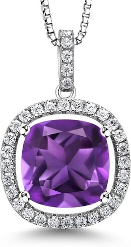 Gem Stone King 925 Sterling Silver 12MM Cushion Gemstone Birthstone and White Moissanite Necklace | Halo Pendant Necklace for Women | With 18 Inch Silver Chain in Saudi Arabia