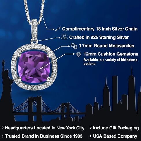 Gem Stone King 925 Sterling Silver 12MM Cushion Gemstone Birthstone and White Moissanite Necklace | Halo Pendant Necklace for Women | With 18 Inch Silver Chain in Saudi Arabia