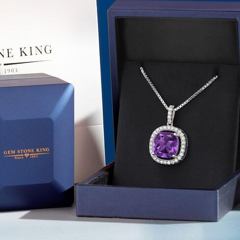 Gem Stone King 925 Sterling Silver 12MM Cushion Gemstone Birthstone and White Moissanite Necklace | Halo Pendant Necklace for Women | With 18 Inch Silver Chain in Saudi Arabia