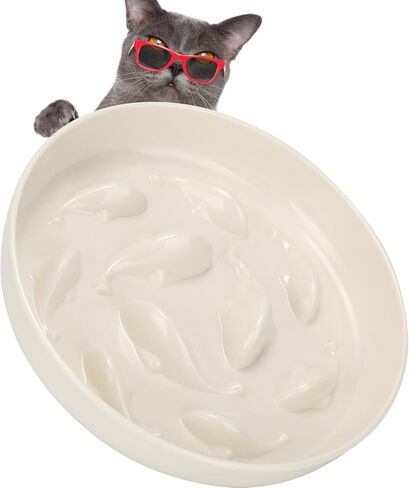 Iunpvet Ceramic Cat Slow Feeder Food Bowl, Higher Edges Non-Spill Design Fun Cat Puzzle Feeder Bowl, Anti Vomiting Anti Gulping Healthy Eating Diet Pet Bowls for Small Pets(Ceramic+Circular+White) in Saudi Arabia