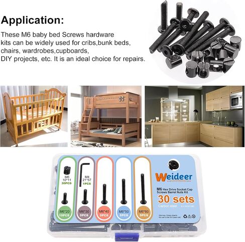 weideer 26 Set Crib Screws Hardware Replacement Kit Baby Bed Frame Bolts M6x20/40/50/60/70/80mm Barrel Nuts Wooden Dowel Pins Hex Drive Socket Cap Screws Kit for Beds Chairs Furniture in Kuwait