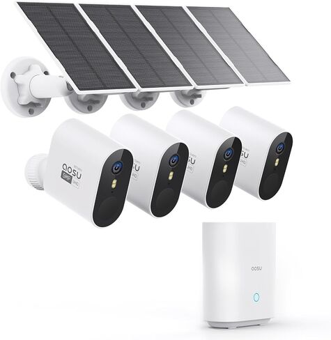 aosu 3K/5MP Solar Security Cameras Wireless Outdoor System, 4-Cam-Kit | 3K/5MP Ultra HD Night Vision, 166° Ultra-Wide-Angle, Cross-Camera Tracking, Spotlight & Siren Alarm, No Subscription Required in Saudi Arabia