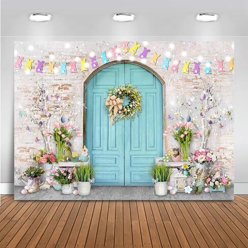 Mocsicka Easter Backdrop Blue Wooden Doors Brick Wall Bunny Rabbit Spring Photography Backdrops Easter Day Party Decorations Easter Photo Background Photo Studio Props (7x5ft (82x60 inch)) in Saudi Arabia