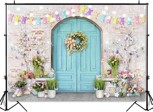 Mocsicka Easter Backdrop Blue Wooden Doors Brick Wall Bunny Rabbit Spring Photography Backdrops Easter Day Party Decorations Easter Photo Background Photo Studio Props (7x5ft (82x60 inch)) in Saudi Arabia