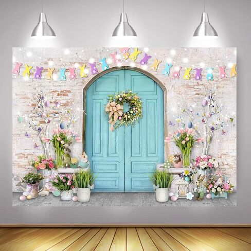 Mocsicka Easter Backdrop Blue Wooden Doors Brick Wall Bunny Rabbit Spring Photography Backdrops Easter Day Party Decorations Easter Photo Background Photo Studio Props (7x5ft (82x60 inch)) in Saudi Arabia