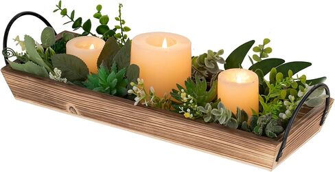 صينية شموع خشبية طويلة وضيقة: حوامل شموع خشبية ريفية من Hanobe قطع مركزية للطاولة مستطيلة لغرفة الطعام وحامل عمود المزرعة مع مقبض مستطيل وقاعدة إضاءة للشاي وديكور طاولة القهوة in Kuwait