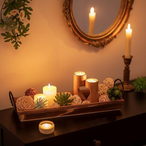 صينية شموع خشبية طويلة وضيقة: حوامل شموع خشبية ريفية من Hanobe قطع مركزية للطاولة مستطيلة لغرفة الطعام وحامل عمود المزرعة مع مقبض مستطيل وقاعدة إضاءة للشاي وديكور طاولة القهوة in Kuwait