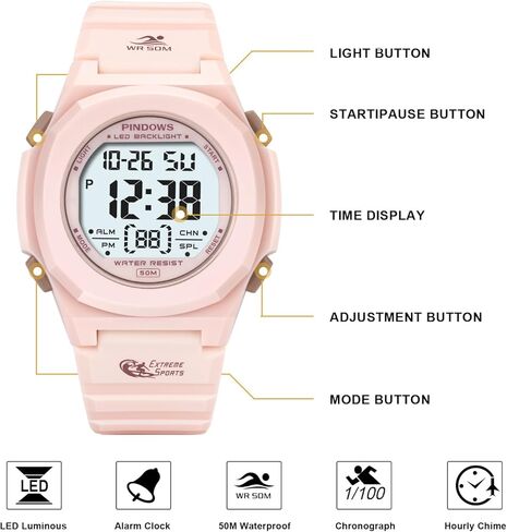 ساعات بيندوس للنساء، ساعة رياضية رقمية 50 متر مقاومة للماء بإضاءة خلفية LED وتقويم مع ساعة منبه. in Kuwait