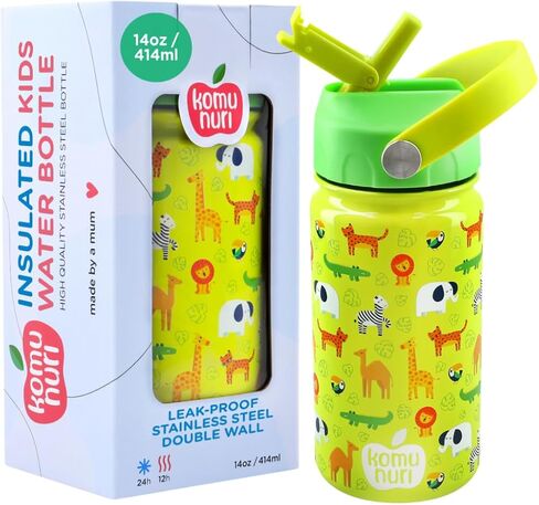 زجاجة مياه مقاومة للانسكاب للأطفال مع غطاء من القش | 1 شفاطة إضافية مجانية | ستانلس ستيل معزول | 14 أونصة | الأطفال الصغار | بارد 24 ساعة (أزرق غامق - المركبات/النقل/السيارات) in Kuwait