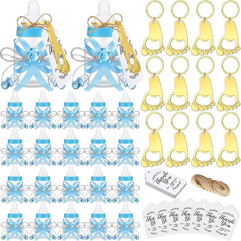 72 قطعة من هدايا زجاجات استحمام الأطفال من Sunnyray، 24 زجاجة حليب صغيرة للأطفال، 24 فتاحة زجاجات على شكل سلسلة مفاتيح ببصمة قدم الطفل، 24 بطاقة شكر، هدية هدايا للحفلات للفتيات الصبيان (أزرق، ذهبي) in Kuwait