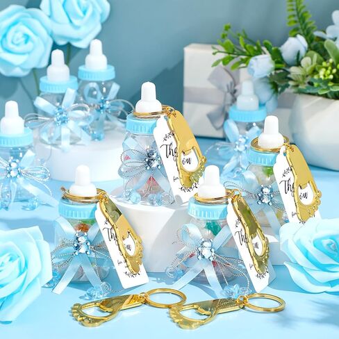 72 قطعة من هدايا زجاجات استحمام الأطفال من Sunnyray، 24 زجاجة حليب صغيرة للأطفال، 24 فتاحة زجاجات على شكل سلسلة مفاتيح ببصمة قدم الطفل، 24 بطاقة شكر، هدية هدايا للحفلات للفتيات الصبيان (أزرق، ذهبي) in Kuwait