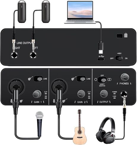 واجهة صوت USB 2i2 (24 بت/192 كيلو هرتز) + طاقة فانتوم 48 فولت لتسجيل البث والبث، التوصيل والتشغيل، واجهة صوت XLR ذات زمن وصول منخفض للغاية وخالية من الضوضاء باللون الأحمر (لا تتضمن برامج) in Kuwait