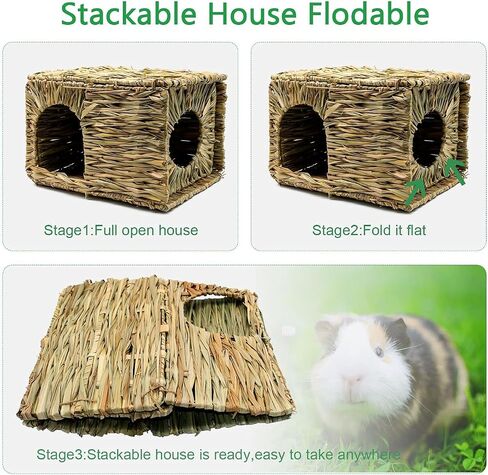 BWOGUE Large Grass House for Guinea Pigs,Hand Woven Straw Hut Foldable Small Animal Play Hideaway Bed with Double Openings Playhouse for Bunny Guinea Pig Chinchilla Ferret in Saudi Arabia