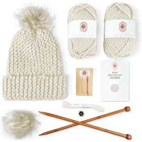 Knitting Kits for Beginners Adults – Practical and Easy to Use Hat Knitting Kit with Yarn, Bamboo Knitting Needles, Faux Pom Pom – Complete Beginners Knitting Kit – Lovely Present for Women and Men