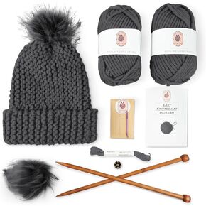 Knitting Kits for Beginners Adults – Practical and Easy to Use Hat Knitting Kit with Yarn, Bamboo Knitting Needles, Faux Pom Pom – Complete Beginners Knitting Kit – Lovely Present for Women and Men