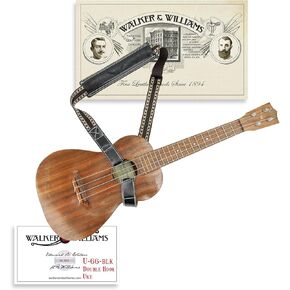 Walker & Williams U-66-BLK Black Double Hook Ukulele Strap With Premium Handmade Grain Leather Pad Hands Free For All Ukulele's