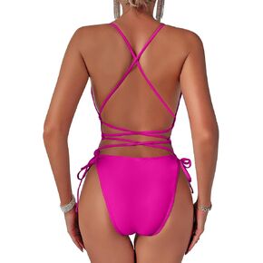 Lilosy Sexy Criss Cross Lace Up Plunge One Piece Swimsuit String Tie Side Cheeky Bathing Suit