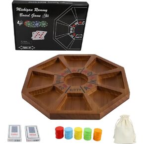 Jyquorp Michigan Rummy Game Deluxe Set Perfect Blend of A Royal Game of Hearts Rummy Poker Wooden Tripoley Board Game Betting Bluffing Game Classical Family Card Game for 100 Chips