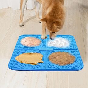 11.8IN Licking Mat for Dog, Slow Feeder Mat with 165 Strong Suction Cups for Peanut Butter,BPA Free Lick Pad for Pet Relieving Anxiety,Boredom,Grooming,Training(Blue,1 Spatula,1 Brush)