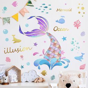 Buiory Removable Colorful Mermaid Tail and Lettering Be a Mermaid and Make Waves Wall Stickers Ocean Style Blister Animals Wall Decals Seagrass Wall Decor for Nursery Baby Bedroom Playroom Bathroom Living Room Decoration