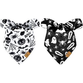 2Pcs Halloween Dog Bandana Black White Ghost Spider Pumpkin Lantern Print Fabric Pet Scarf Medium Sizes Adjustable Pet Neckerchief for Halloween Costume Accessories