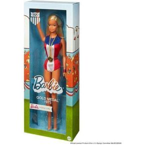 Barbie 1975 Gold Medal Doll Reproduction, Wearing Olympics-Themed One-Piece and Gold Medal Accessory. with Doll Stand and Certificate of Authenticity, Gift for Collectors in Saudi Arabia