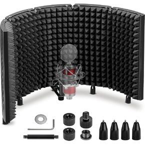 CAHAYA Microphone Isolation Shield Foldable - Mic Shield Recording Studio Sound Absorbing Foam Reflector with 3/8" and 5/8" Mic Adapter Microphone Recording Equipment Black