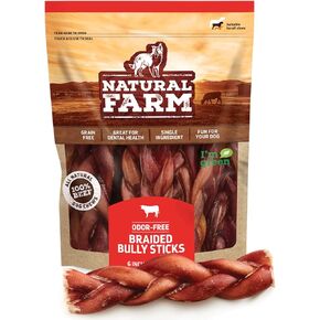 Natural Farm Braided Power Bully Sticks Dog Chews (6", 10-Pack), 2-in-1 Power Chews: Premium Beef Cheek Wrapped in Beef Pizzle, Braided Together for a Very Long Lasting Chew, Great for Medium Dogs