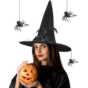 Geyoga Women Halloween Spider Witch Hat with 2 Pieces Black Halloween Spiders for Party Masquerade Cosplay Costume Accessory