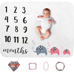 sunvito Baby Monthly Milestone Blanket Set Cute Newborn Boy Girl Photo Background with Soft Skin-Friendly Flannel Baby Age Personalized Growth Month Elephant Chart Blankets Large - 47 x 40 Inches