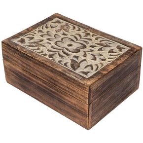 SimbaKart Hand Carved Wooden Jewelry Box, Floral Carving, Jewelry Organizer, Handmade Keepsake Trinket Box, Natural Finish, Treasure Chest for Ring, Bracelet, Earings, Great Birthday Gift Ideas
