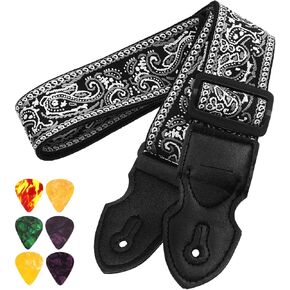 Guitar Strap 2 Wide Jacquard Embroidery Cotton Adjustable Bass Cotton Strap with Leather Ends,with 6 Picks Set, Best for Kids, Guitarists