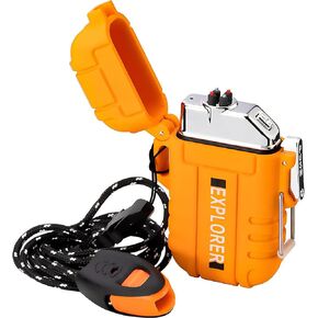 USB Rechargeable Dual Arc Plasma Lighter - Windproof and Waterproof Flameless Electric Lighter with Emergency Whistle for Outdoor Adventures, Survival, Tactical and Camping (Orange)