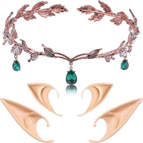 FRESHME Elf Ears with Fairy Crown Set Pixie Headpiece with 2 Pairs Latex Ears Kit