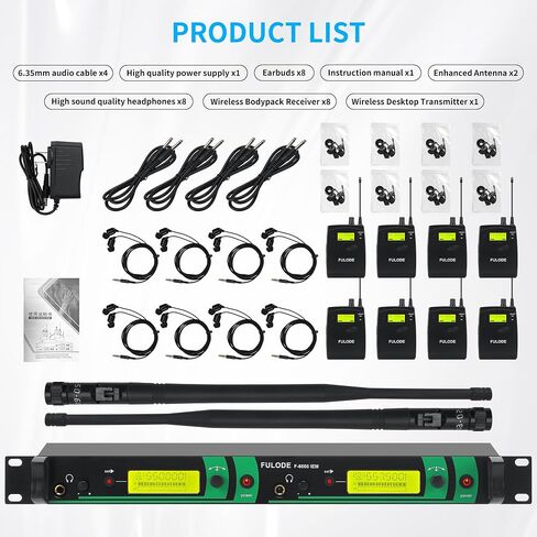 IEM UHF Wireless in Ear Monitor System 2 Channel 8 Bodypacks Monitoring with in Earphone, 2x40 UHF Frequencies, for Stage, Studio and Church, 330Ft Range (8 Bodypack) in Saudi Arabia