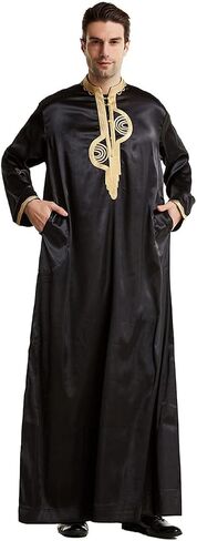 Qianliniuinc Men Abaya Islamic Clothing Dubai - Muslim Dresses Long Sleeve Thobe for Ramadan Arabic Kaftan Embroidery Saud Shirt White L in Saudi Arabia