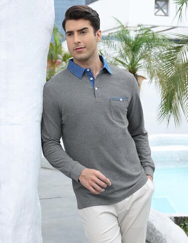 قميص بولو رجالي VHUQGVU بأكمام طويلة من القطن الأساسي مع تي شيرت بجيب in Kuwait