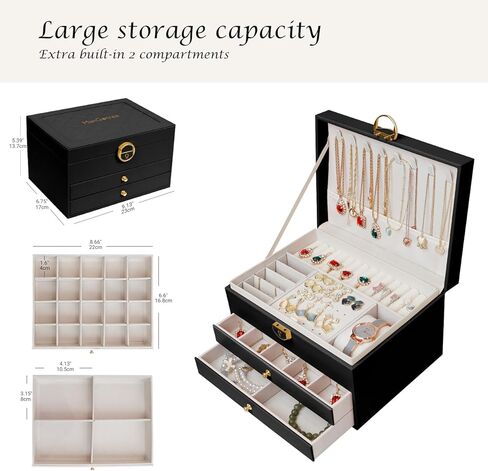 مانجوتري صندوق منظم مجوهرات للنساء/الفتيات، حافظة تخزين مجوهرات كبيرة من الجلد الصناعي بطبقتين، فكرة هدية، حامل مجوهرات قابل للقفل للخواتم والاقراط والساعات والقلائد والاساور (اسود) in Kuwait