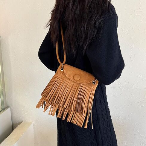 Tekzitfuir Women Fringe Hippie Crossbody Bag Faux Suede Shoulder Bag Hobo Tassel Messenger Bag Boho Purse in Kuwait