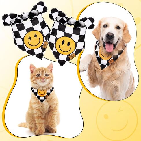قطعتان من باندانا الكلب السعيدة المتأنق بوهو وجه مبتسم على شكل لوحة شطرنج من القماش المطبوع للحيوانات الأليفة مقاس متوسط ​​قابل للتعديل منديل الحيوانات الأليفة مرايل الكلب لإكسسوارات أزياء أعياد الميلاد in Kuwait