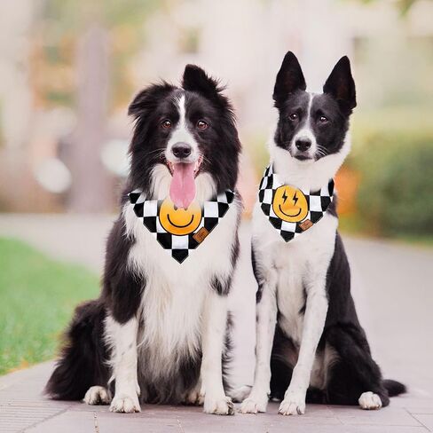 قطعتان من باندانا الكلب السعيدة المتأنق بوهو وجه مبتسم على شكل لوحة شطرنج من القماش المطبوع للحيوانات الأليفة مقاس متوسط ​​قابل للتعديل منديل الحيوانات الأليفة مرايل الكلب لإكسسوارات أزياء أعياد الميلاد in Kuwait
